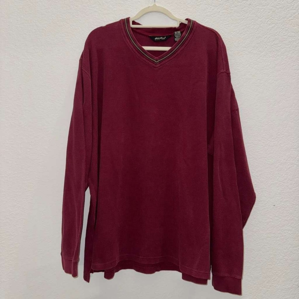Eddie Bauer Men's Sz Tall XXL/XXG Thermal Shirt Maroon Waffle Knit Long Sleeve